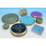 A collection of compacts including Stratton, a rouge pot, trinket/pill box, etc.