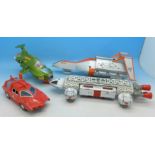 Four die-cast models; Dinky Toys UFO Interceptor lacking bullet and Space 1999 Eagle,