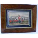 A rosewood framed hand coloured print of soldiers at camp,