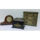 An 8-day mantel clock, a small pine painted chest and a 19th Century Japanned tea caddy,