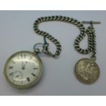 A silver cased Waltham pocket watch and a silver Albert chain with graduated links and a Victorian