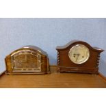 A German walnut mantel clock and oak clock