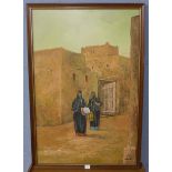 * Young, figures in Arabic town, oil on board,