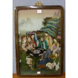 A Chinese reverse oil painting on glass, figures playing mah jong,