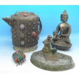 A figure of Buddha, an Indian teapot set with stones,