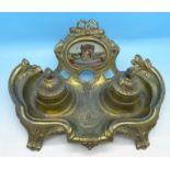 A French made gilt metal inkstand with L'Arc de Triomphe insert