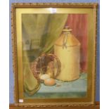 An early 20th Century still life of eggs and flagon, watercolour,