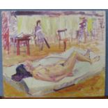 Peter Collins, reclining female studio nude, oil on panel,