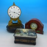 Two clocks, one lacking dome, key and pendulum and a Russian lacquered box,