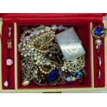 A jewellery box and contents including a pair of 9ct gold earrings, silver stone set rings,