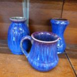 Three items of Lovatt's Langley Ware; two vases, one cracked, and a jug,