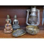 A Chinese hurricane lamp, Kwang Hwa, an eastern brass bowl,