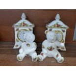 Two Royal Albert Old Country Roses clocks and two model Teddy bears