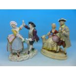 A Sitzendorf figure of a Georgian couple dancing and one other continental figure group