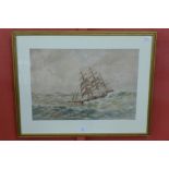 Arthur Briscoe (1873-1943), sailing ships in stormy seas, watercolour, 35 x 51cms,