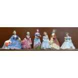 Five Royal Doulton figures and a Coalport figure, (6),