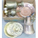 A box of Indian and Persian metal wares including a large brass goblet