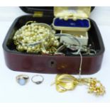 Costume jewellery including two scrap gold rings, (9ct and 12ct weight 3.5g), total weight 0.