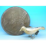 A Chinese bronze fan and a silver plated model of a bird,