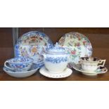 A 19th Century Spode cup and saucer, a Rockingham cup and saucer, two Spode plates,