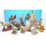 A collection of bird figures including two Royal Worcester, a Border Fine Arts cat and a mouse,