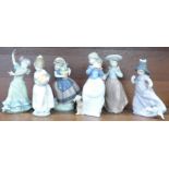 Three Nao figures and three Lladro figures, one Lladro figure a/f, girl with flowers,