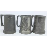 Three pewter tankards, one with Royal Artillery emblem,