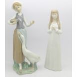 A Lladro figure of a girl feeding a goose and a Royal Copenhagen figure