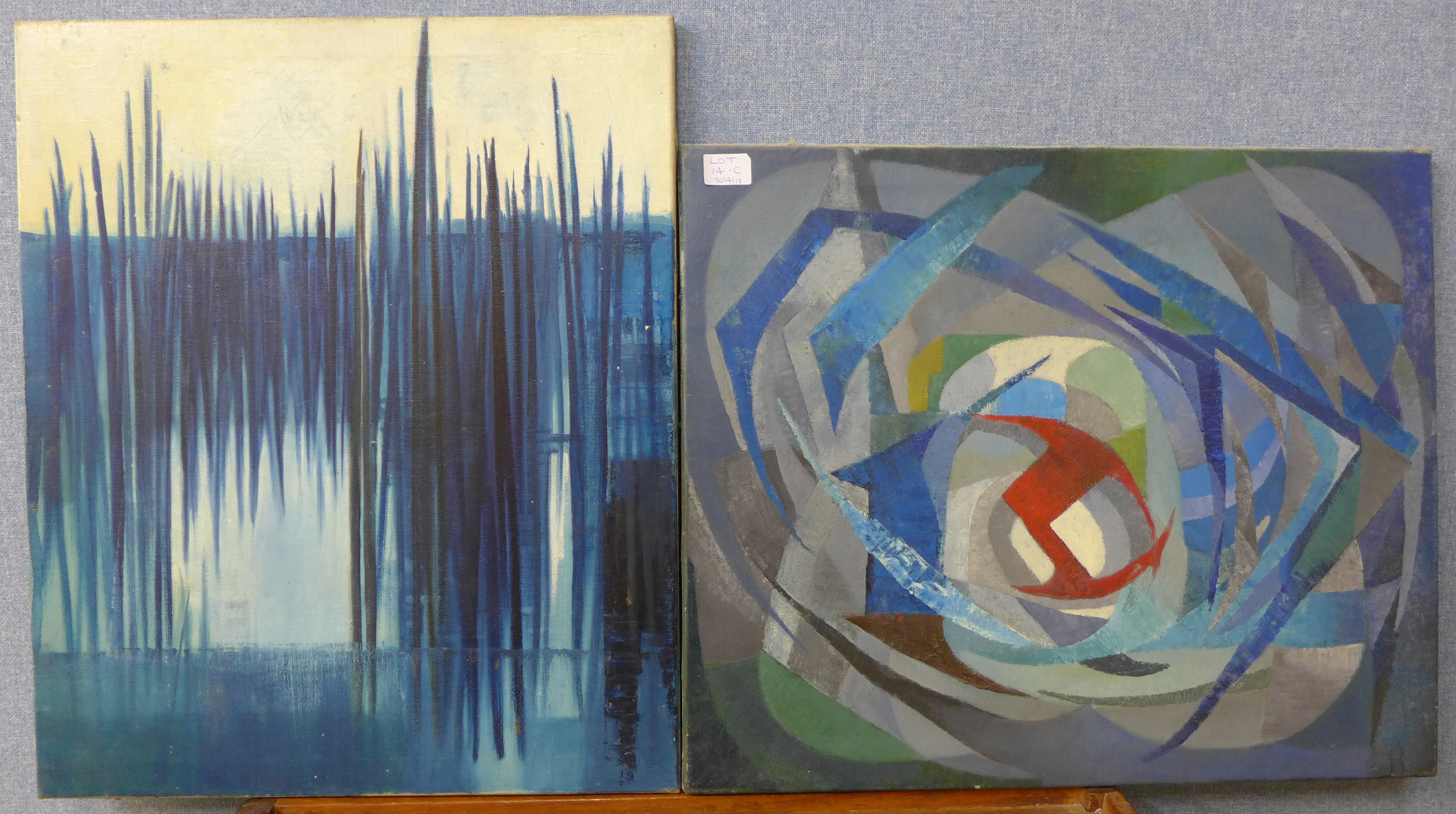 Two 1950's abstracts, oil on canvas, - Image 2 of 2