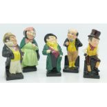 Five Royal Doulton Dickens character figures including Sairy Gamp and Pickwick