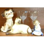 A Beswick Siamese cat figure, a Nao figure, a Melba Ware dog and two glasses,