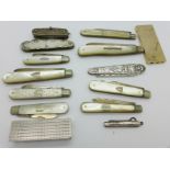 Eight mother of pearl and silver bladed penknives,