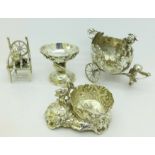 Three white metal items and a 930 silver heron salt,