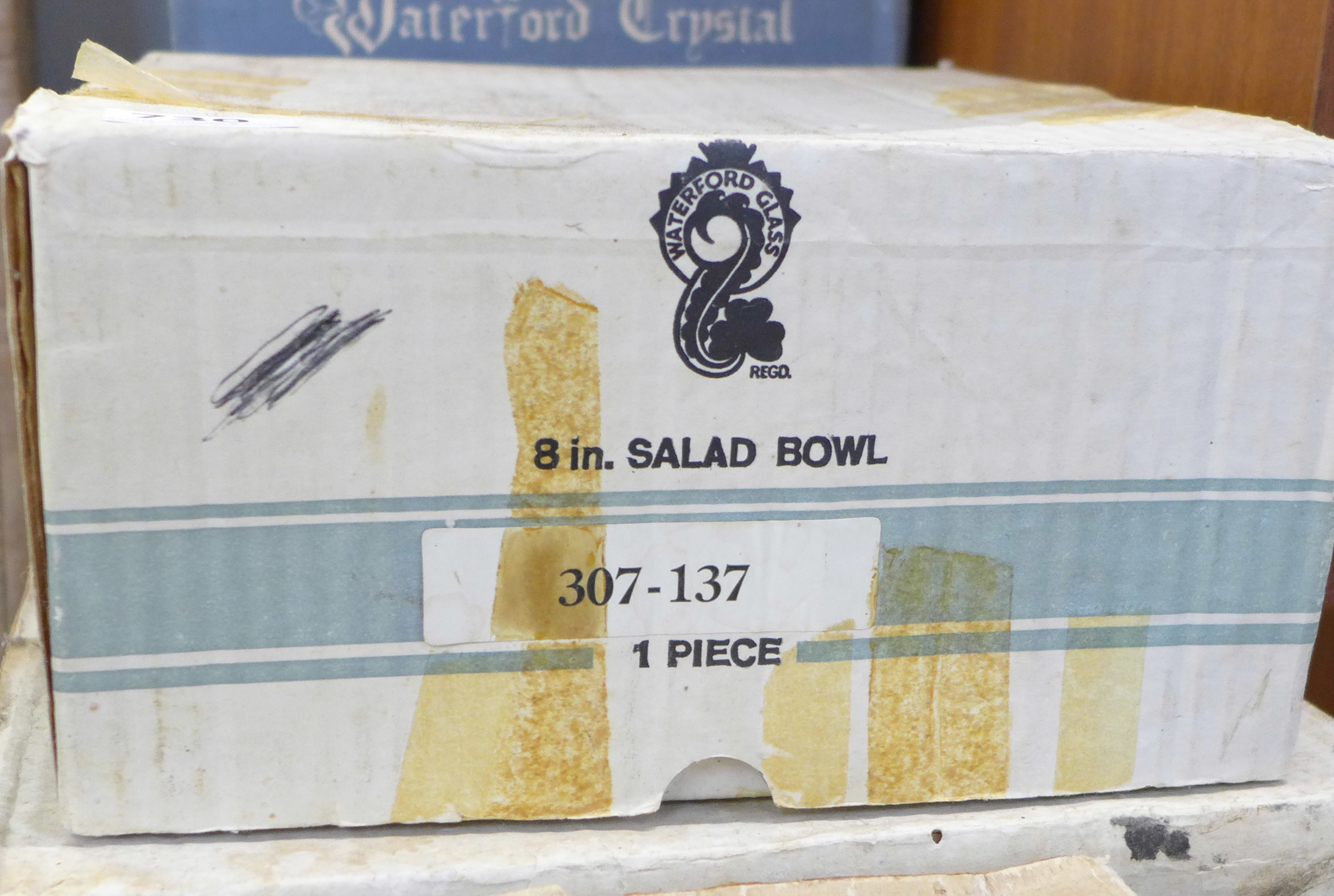 A collection of boxed Waterford crystal glass; two bowls, six hock, six claret, two honey jars, - Image 2 of 2