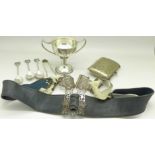A silver boxing trophy, three silver spoons and a pair of silver sugar bows, etc.