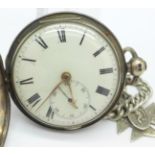 A silver cased fusee pocket watch and chain with silver football fob,