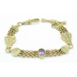A 9ct gold and amethyst set Albertina style bracelet, 16.