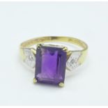 A 9ct gold, amethyst and diamond ring, 1.