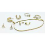 A 9ct gold bracelet and four pairs of earrings,