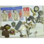 Assorted items; four compasses, two Coronation 1953 hair grips, penknives, watches, a Notts F.A.