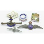 Two RAF badges, a Royal Navy badge, enamel a/f, a mother of pearl pendant, etc.