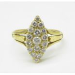 An 18ct gold, navette shaped diamond ring, 3.