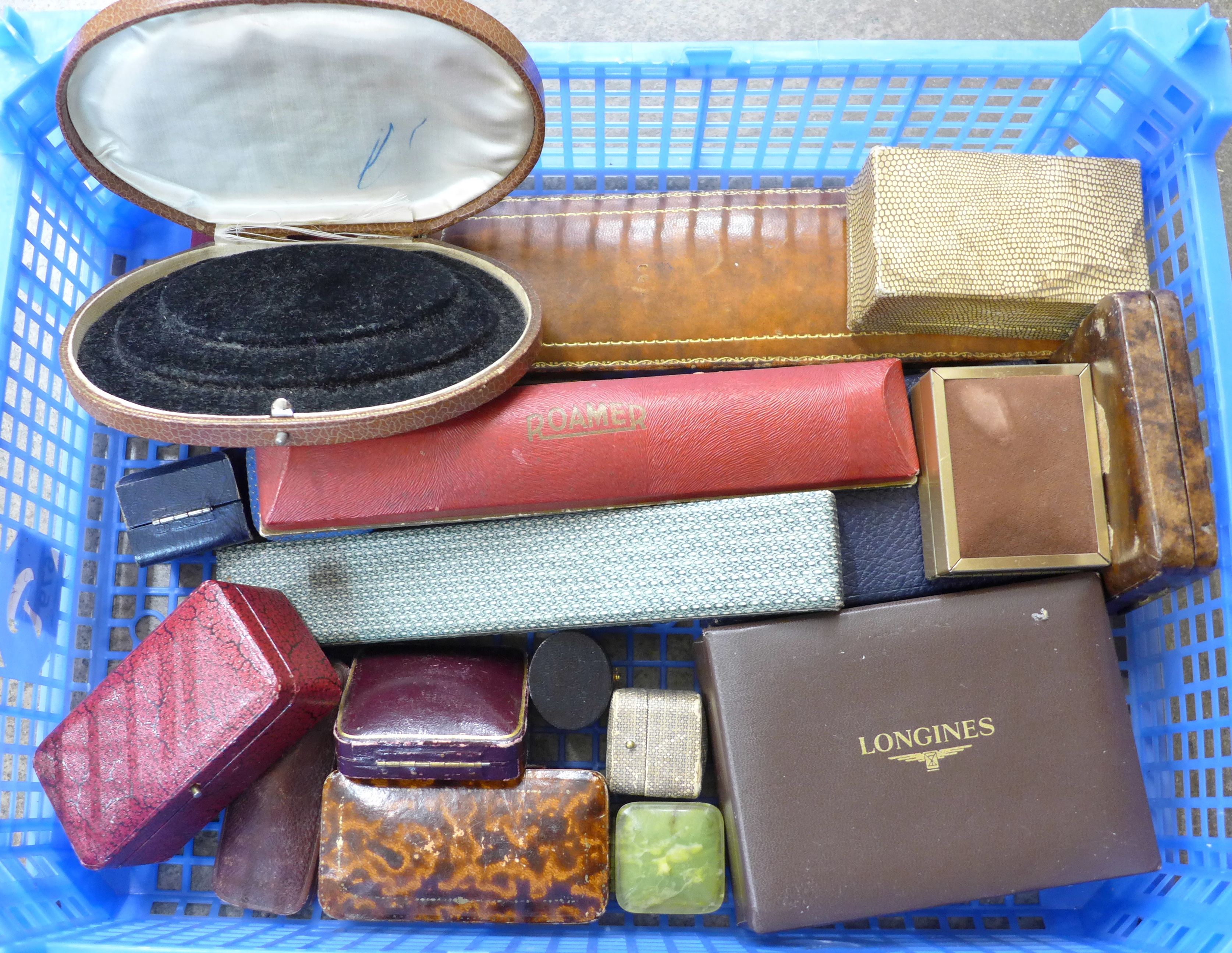 Vintage jewellery boxes and watch boxes including Longines and Roamer