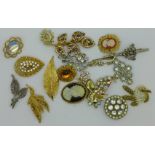 Eighteen costume brooches including marcasite and paste,