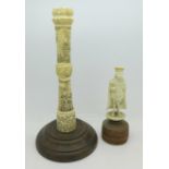 A carved ivory figure of an immortal and a Japanese bone candlestick, Meiji period,
