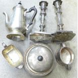 A pair of plated candlesticks, muffin dish, coffee pot, etc.