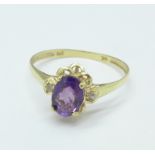 A 9ct gold, amethyst and diamond ring, 1.