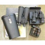 Three pairs of binoculars including 8 x 56