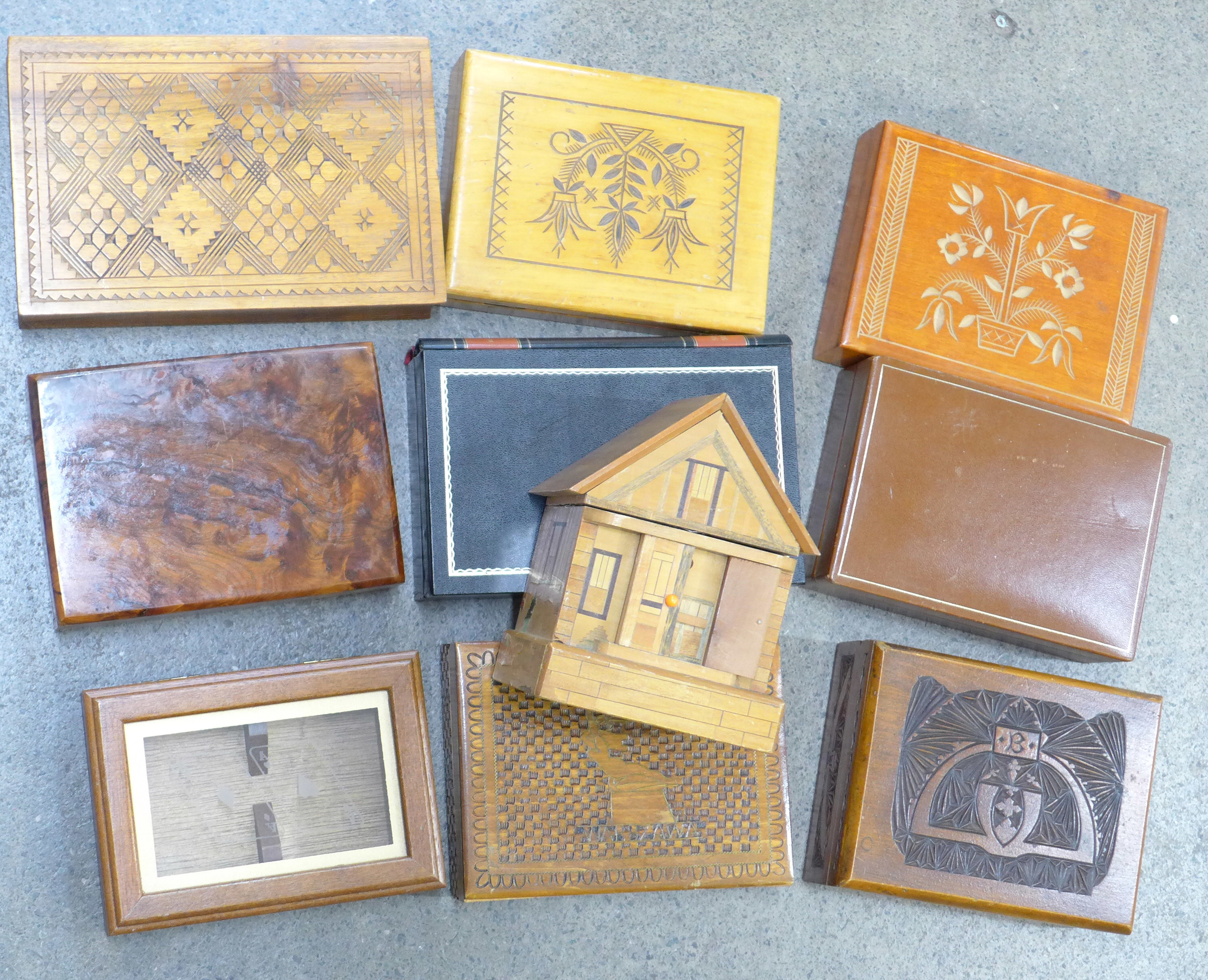 Ten wooden boxes including a money bank