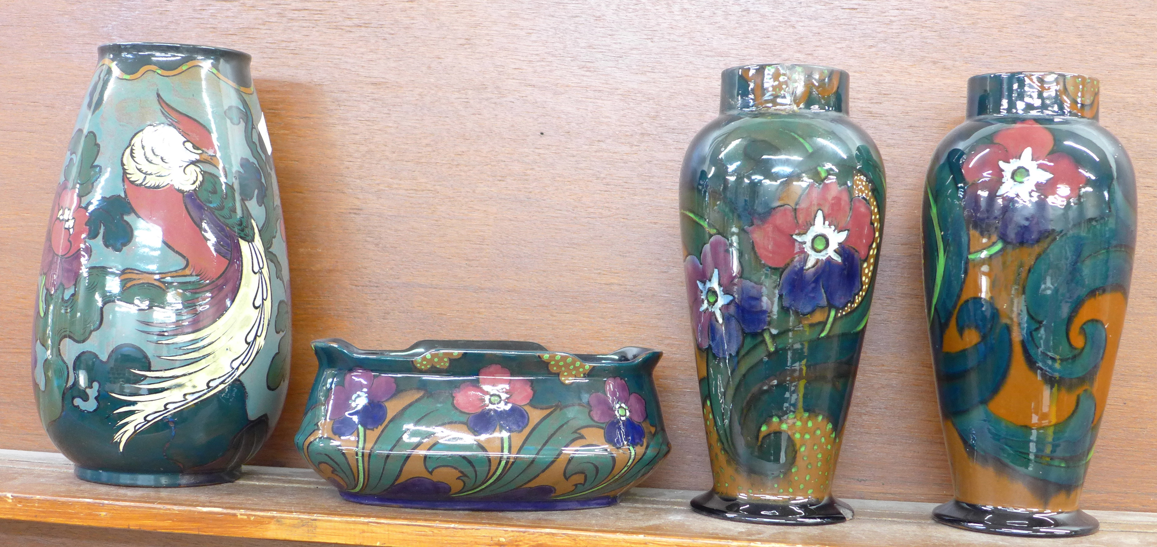 A pair of Decoro vases, one a/f, one other similar vase, a/f,